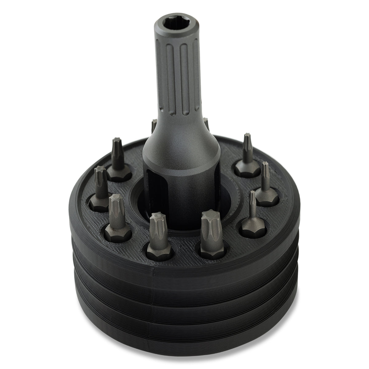 Launchpad 3D printed bit holder loaded with driver bits, angled view
