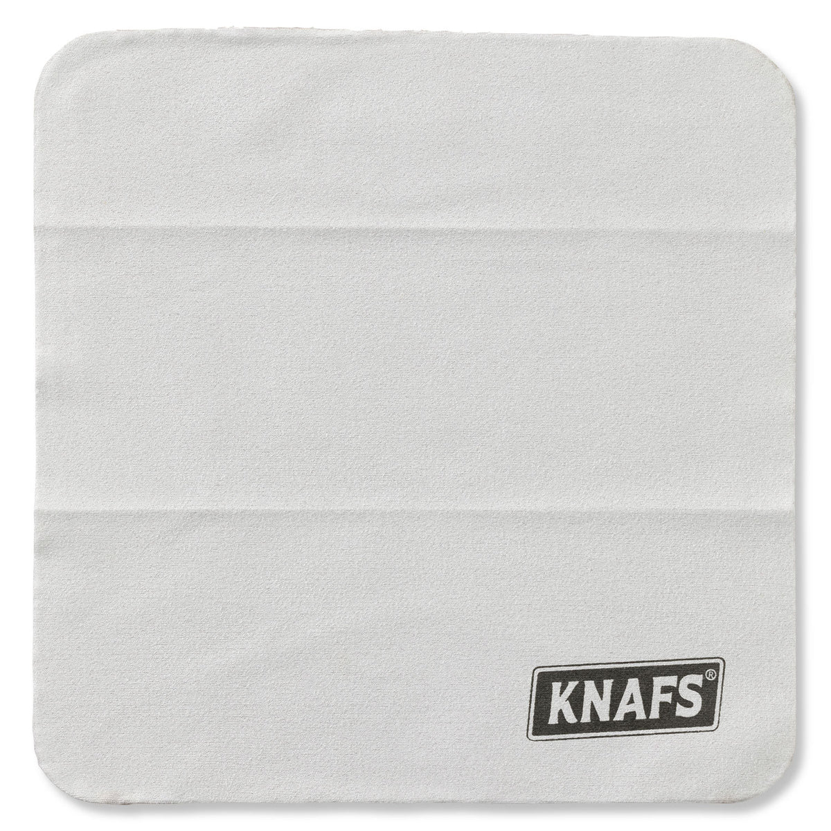 Knafs gray suede polishing cloth folded flat with black Knafs logo embossed in corner