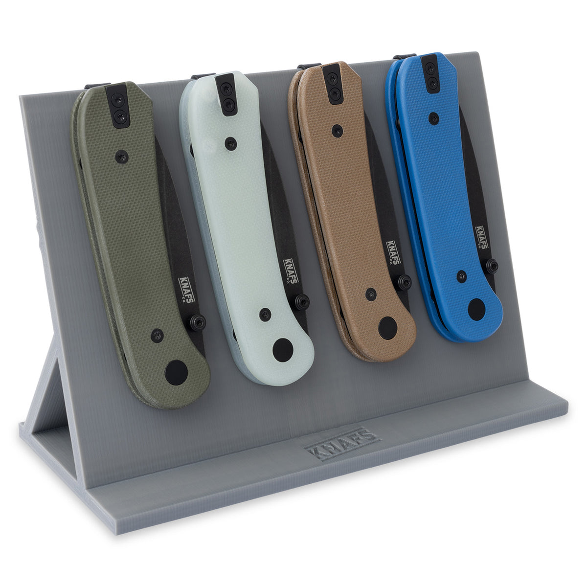 Knife Display Stand holding several folding knives clipped upright