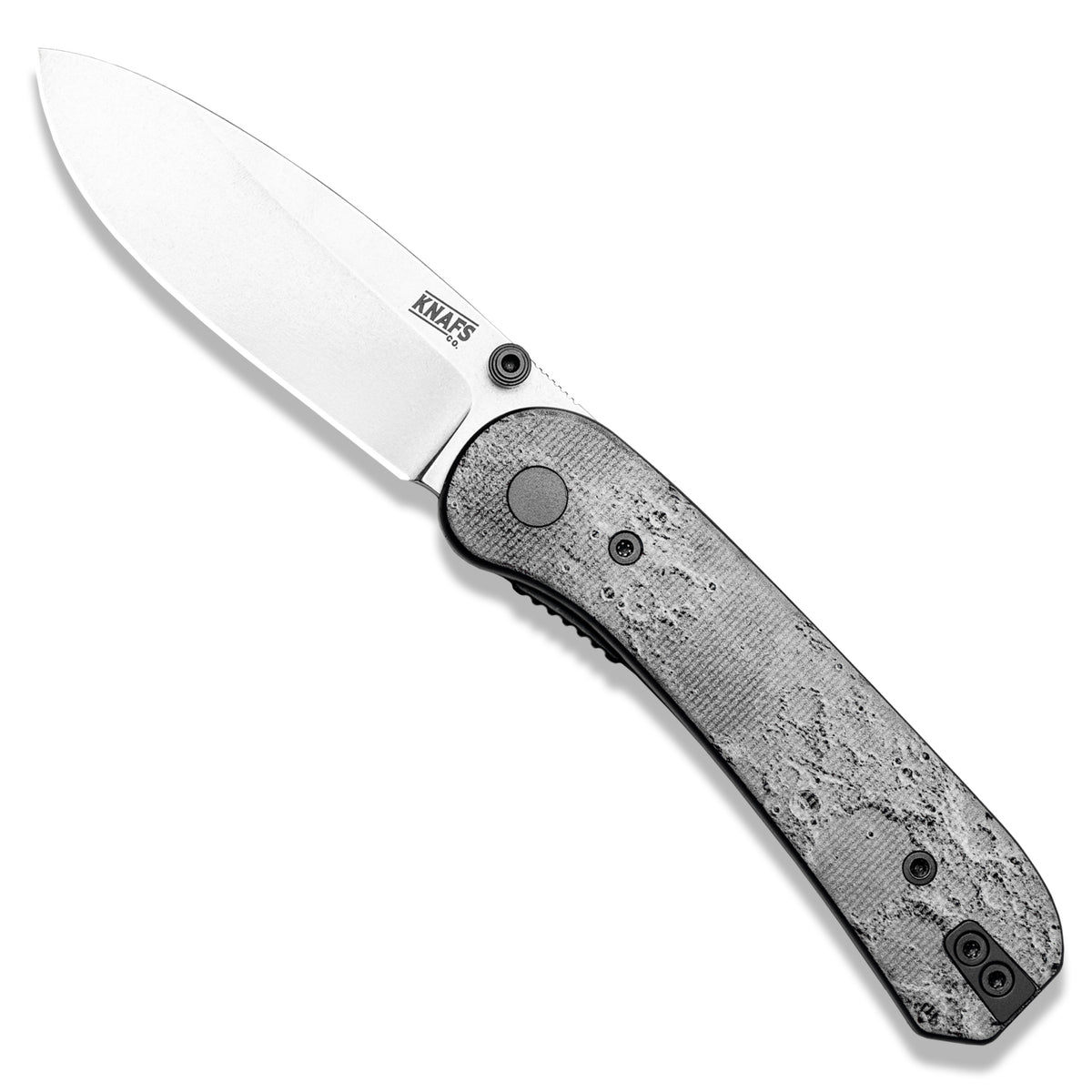 Lander 1 Knife Scales in Lunar Surface G10 installed on an open Lander 1 knife with white blade