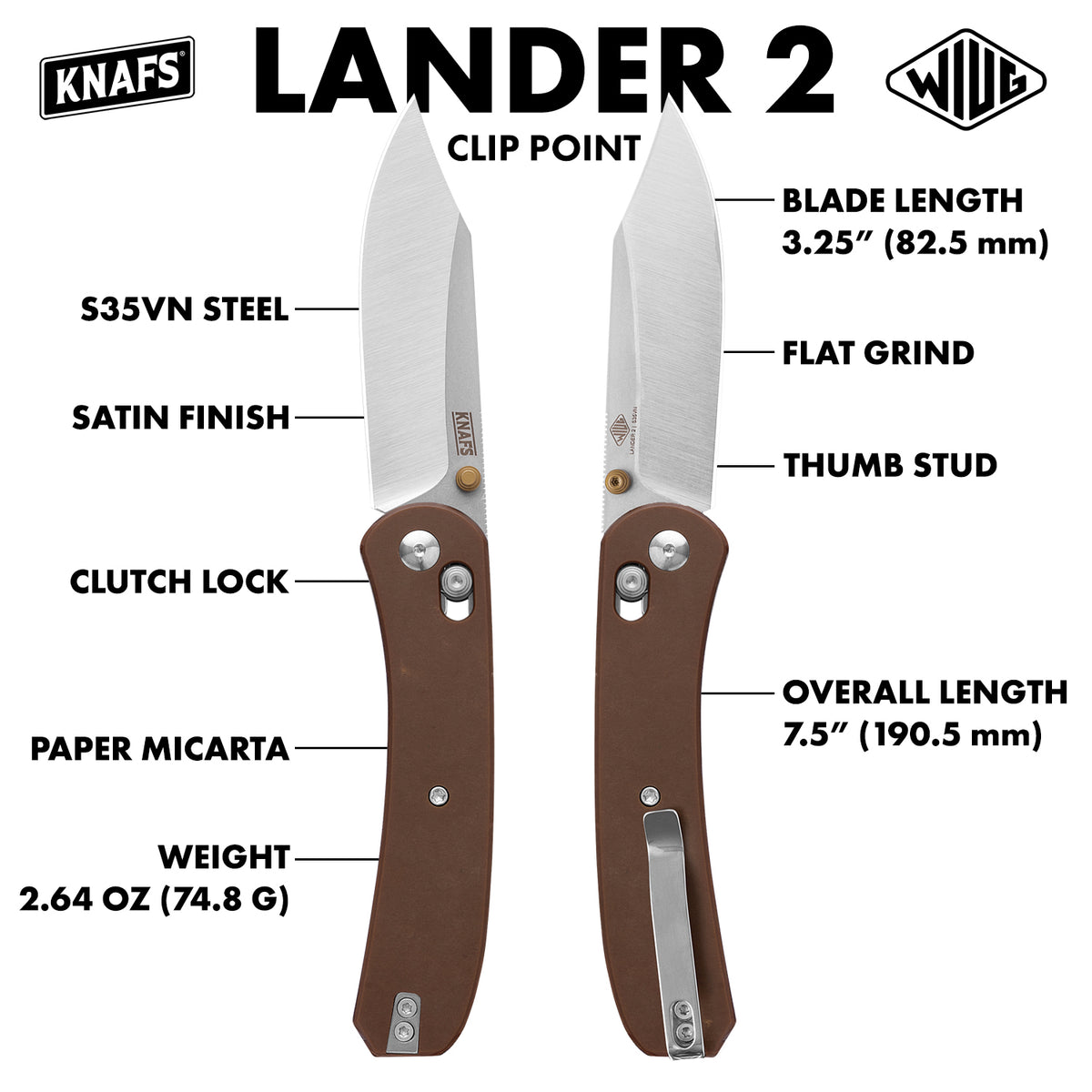 Lander 2 Clip Point pocket knife specifications diagram showing S35VN steel blade, G10 handle, and dimensions