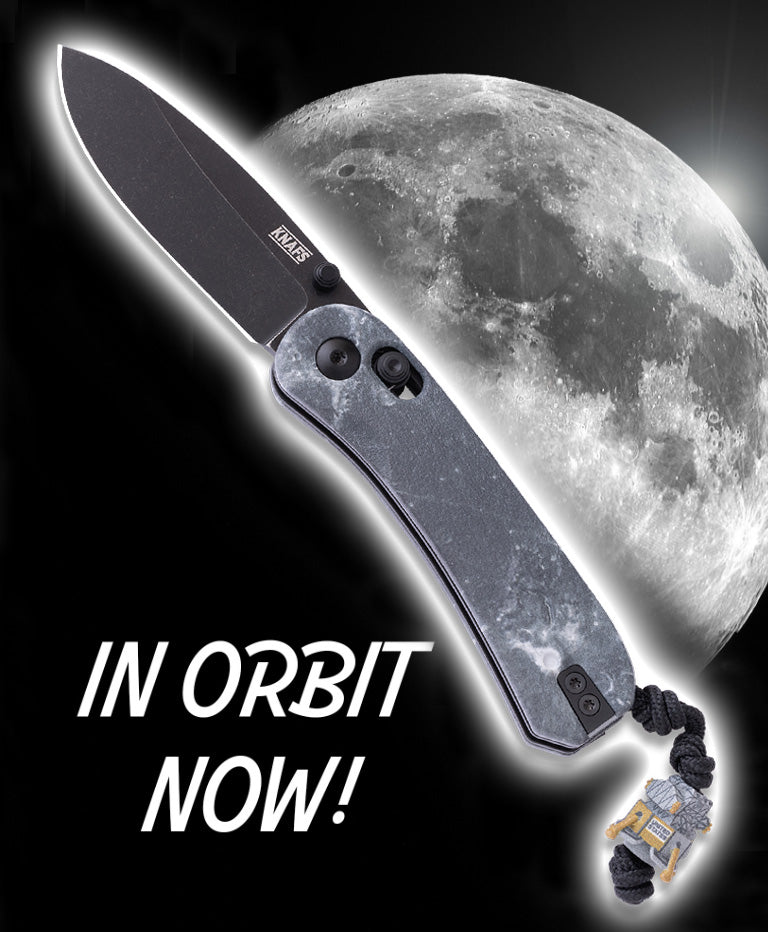 Lander 3 Pocket Knife Limited Edition (Lunar Lander) marketing image with the knife against a moon backdrop