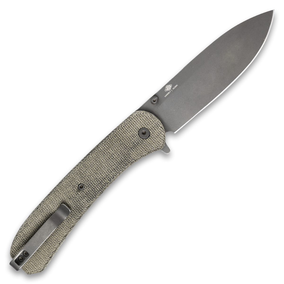 Lander 7 pocket knife with Moondust micarta handle, open, side view