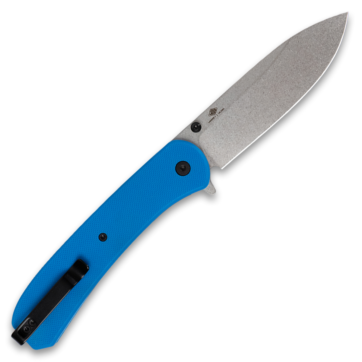 Lander 7 pocket knife with blue G10 handle, open, back view