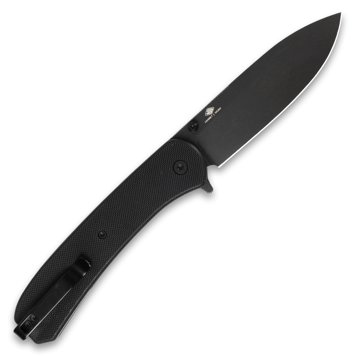 Lander 7 pocket knife with black G10 handle, open, back view
