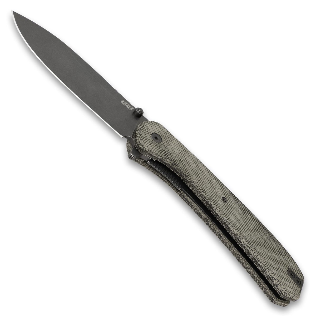 Lander 7 pocket knife with Moondust micarta handle, open, front view