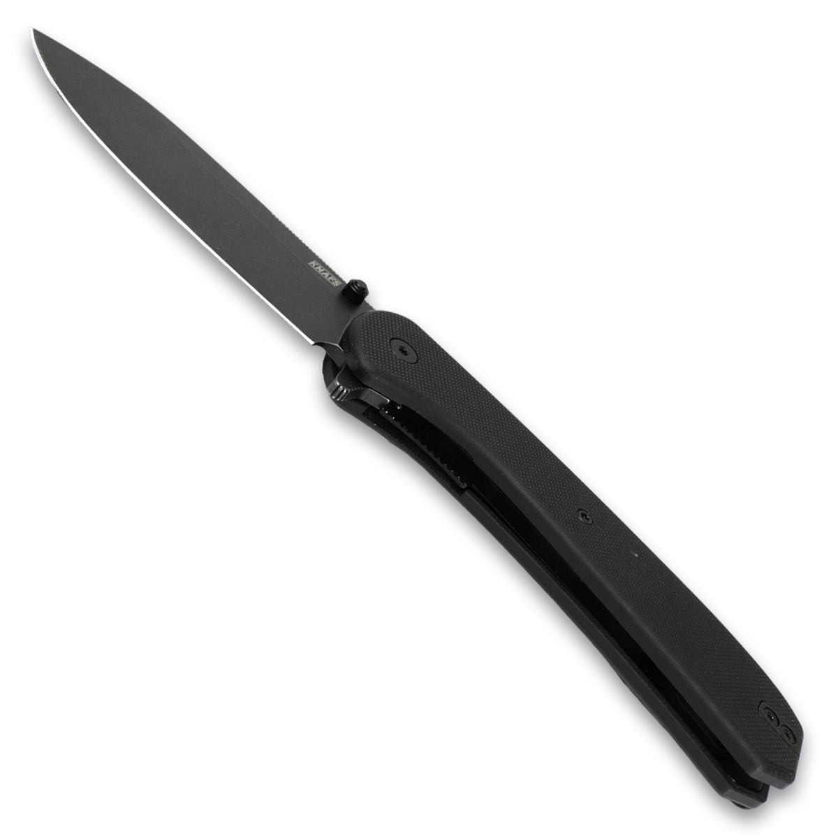 A black folding pocket knife with a matte black blade and a textured black handle, shown in a fully open position against a solid white background.