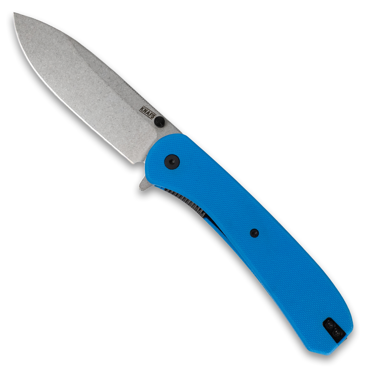 Lander 7 pocket knife with blue G10 handle, open, front view