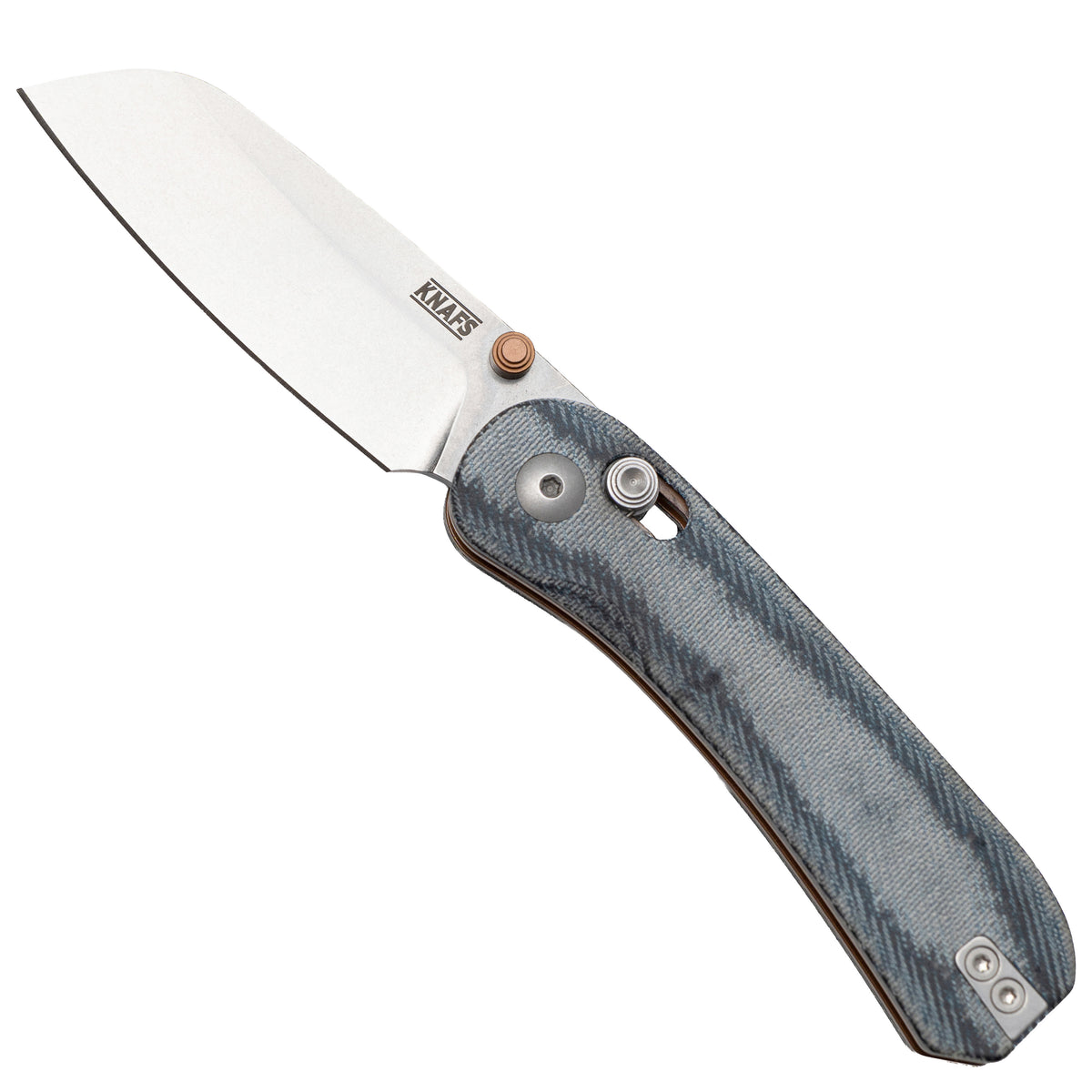 Lander 3 pocket knife with sheepsfoot blade and denim gray handle, open, front view