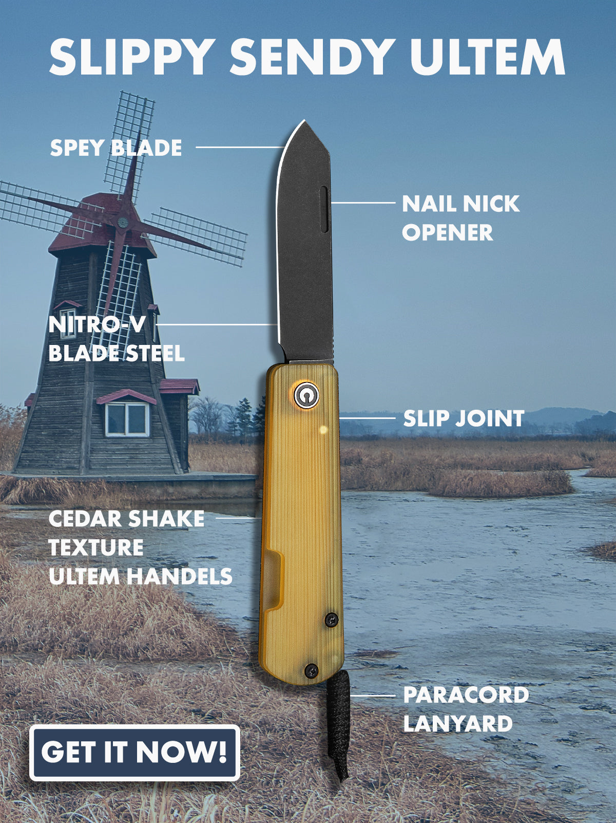 Slippy Sendy Ultem pocket knife infographic poster listing features and specifications