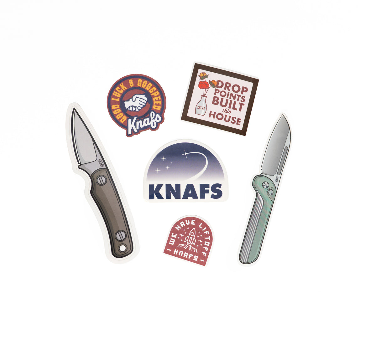 Knafs sticker pack v3 with six assorted vinyl stickers including knife and logo designs