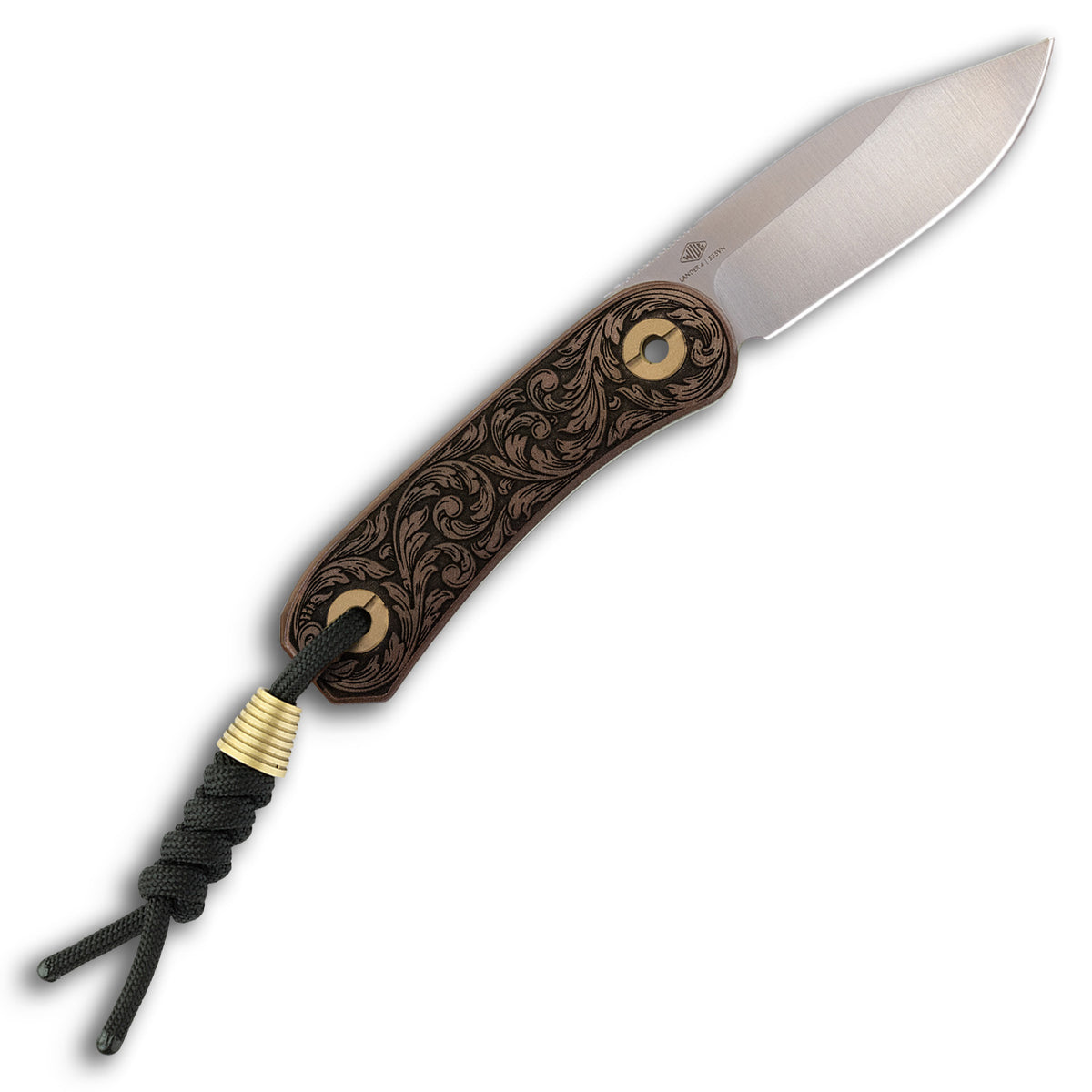 Lander 4 pocket knife with filigree engraved handle, closed, back view