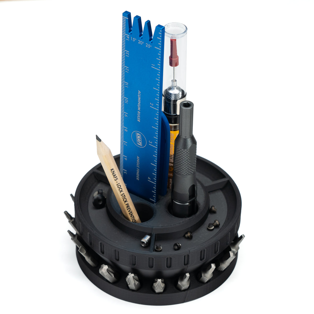 Launchpad Desk Organizer 3D print, printed in black, holding pens and a screwdriver