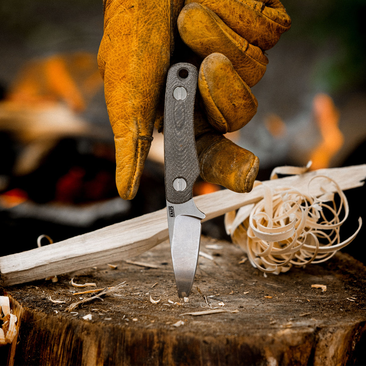 Little Lulu fixed blade knife tip embedded in log next to feather stick shavings