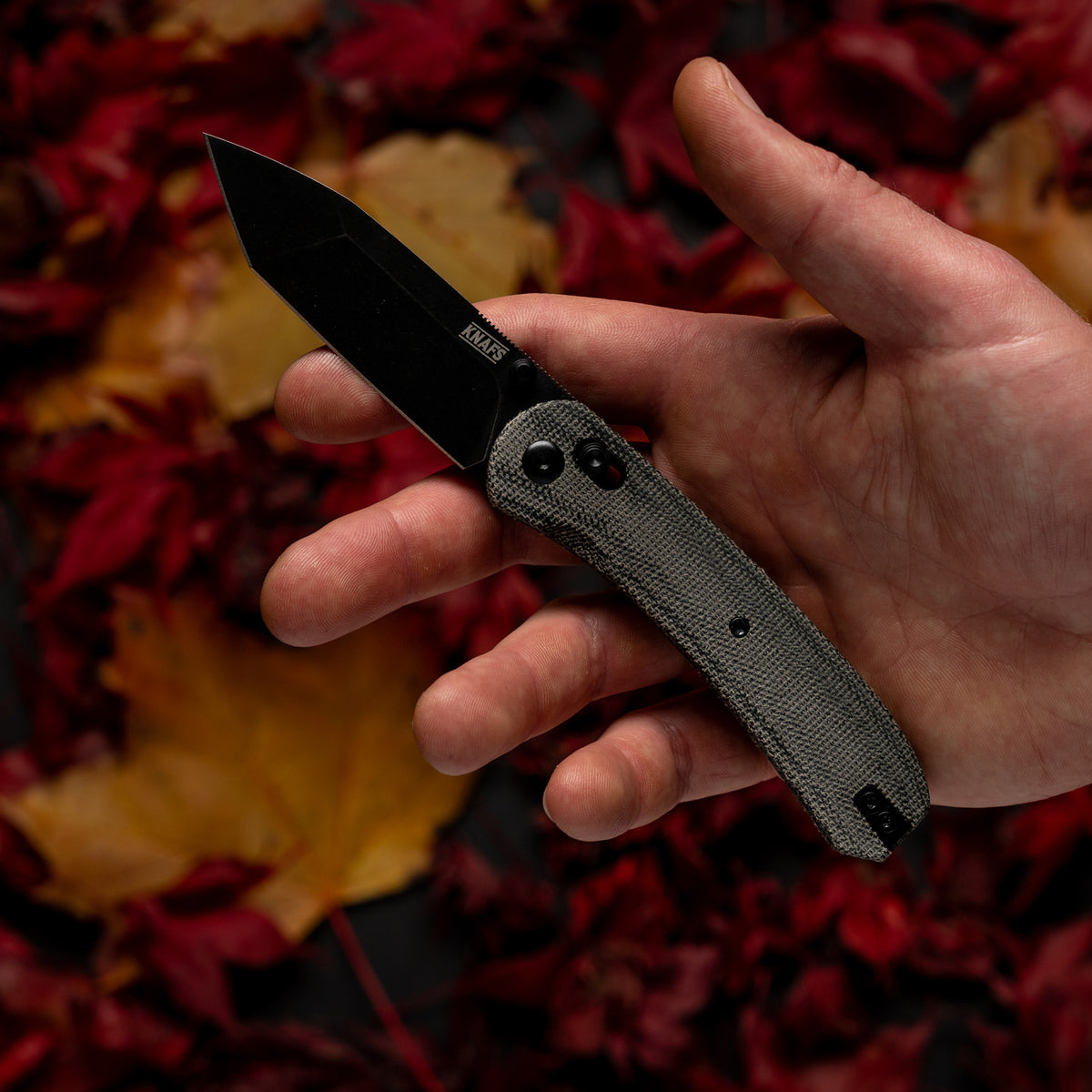 Lander 2 pocket knife with charcoal micarta handle, open, resting among autumn leaves