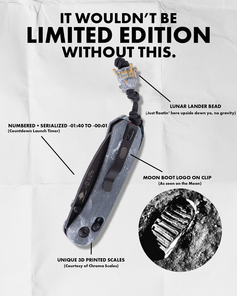 Lander 3 Pocket Knife Limited Edition (Lunar Lander) promotional graphic reading "IN ORBIT NOW" with the knife