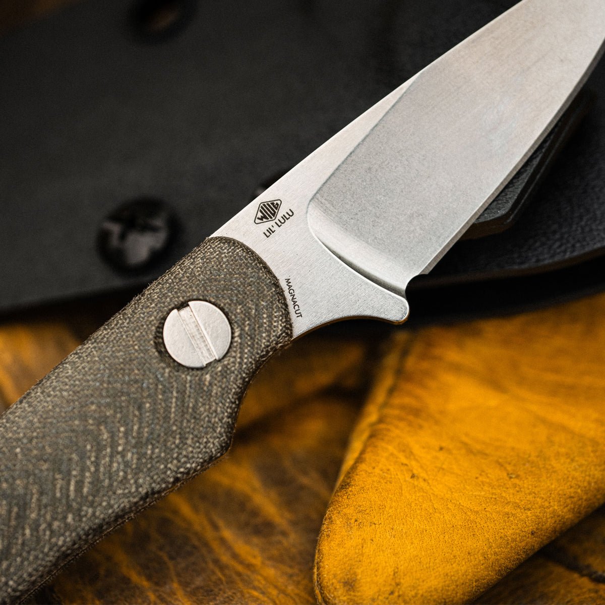 Little Lulu fixed blade knife blade close-up showing MagnaCut steel