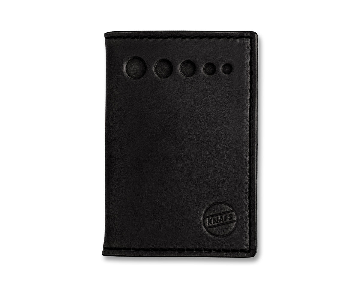 Black leather strop wallet for pocket knives, closed, front view