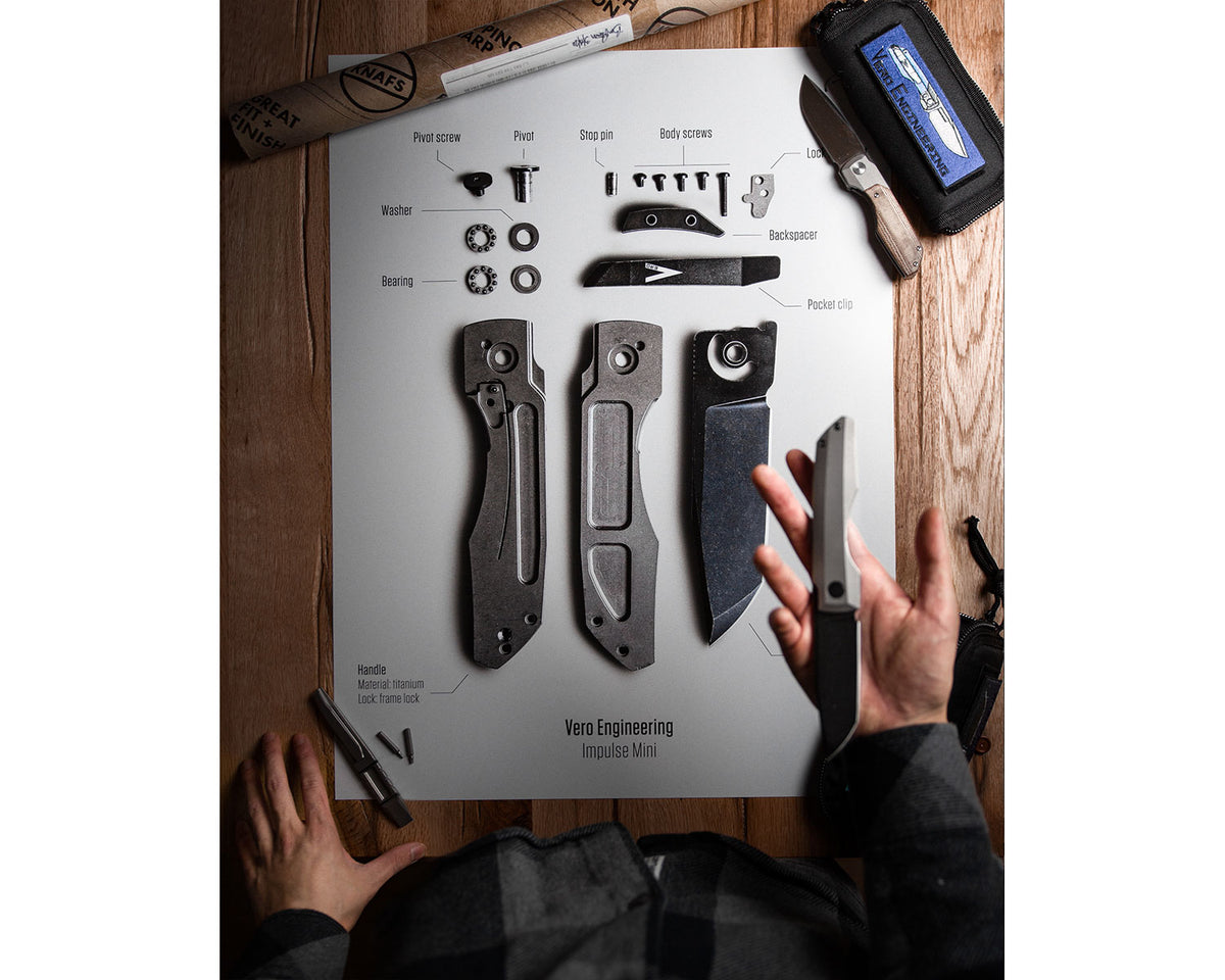 Vero Engineering Knife Poster "Impulse" in a flat lay with knife-related items