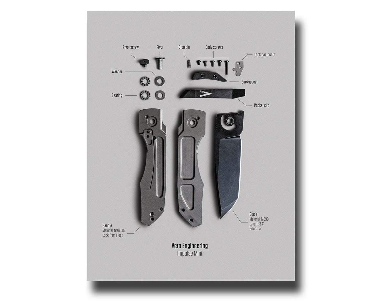 Vero Engineering Knife Poster "Impulse" print showing open and closed illustrations of the Impulse knife