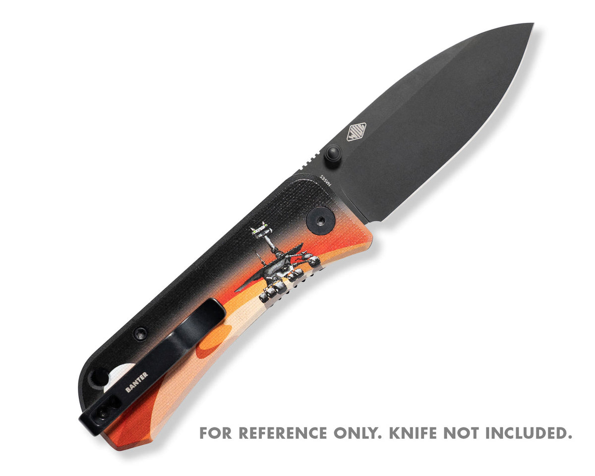 Mars Kitty Banter Scales Version 2.0 on an open folding knife, back view (reference image, knife not included)