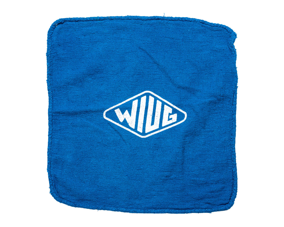 WIUG Shop Rag, a folded blue microfiber rag with white WIUG logo