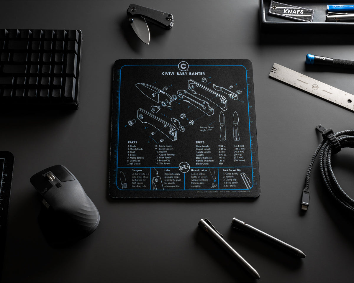 CIVIVI Shop Mat mouse pad on an office desk with a knife and pens