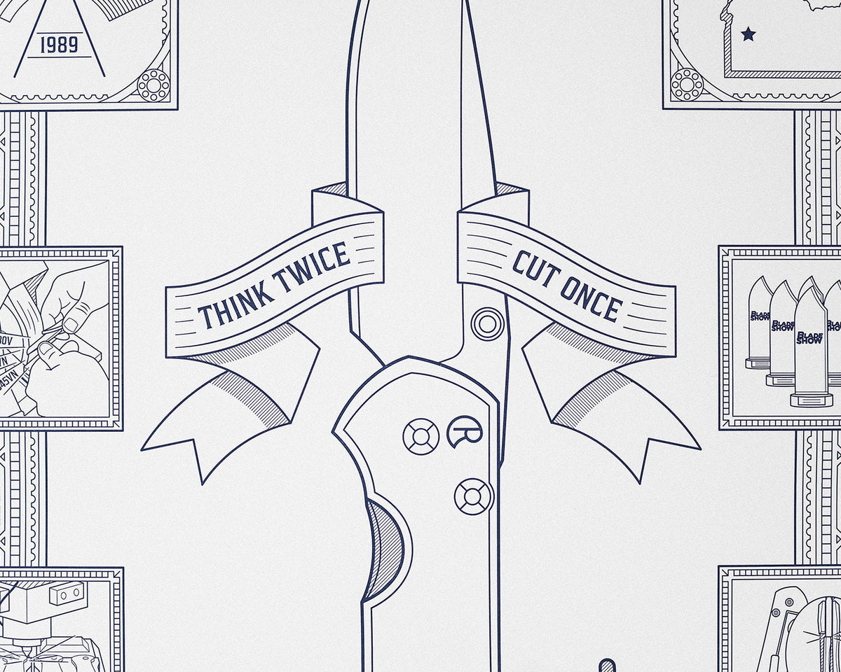 Close-up of the Sebenza Letterpress Premium Poster showing the labeled knife blueprint illustration
