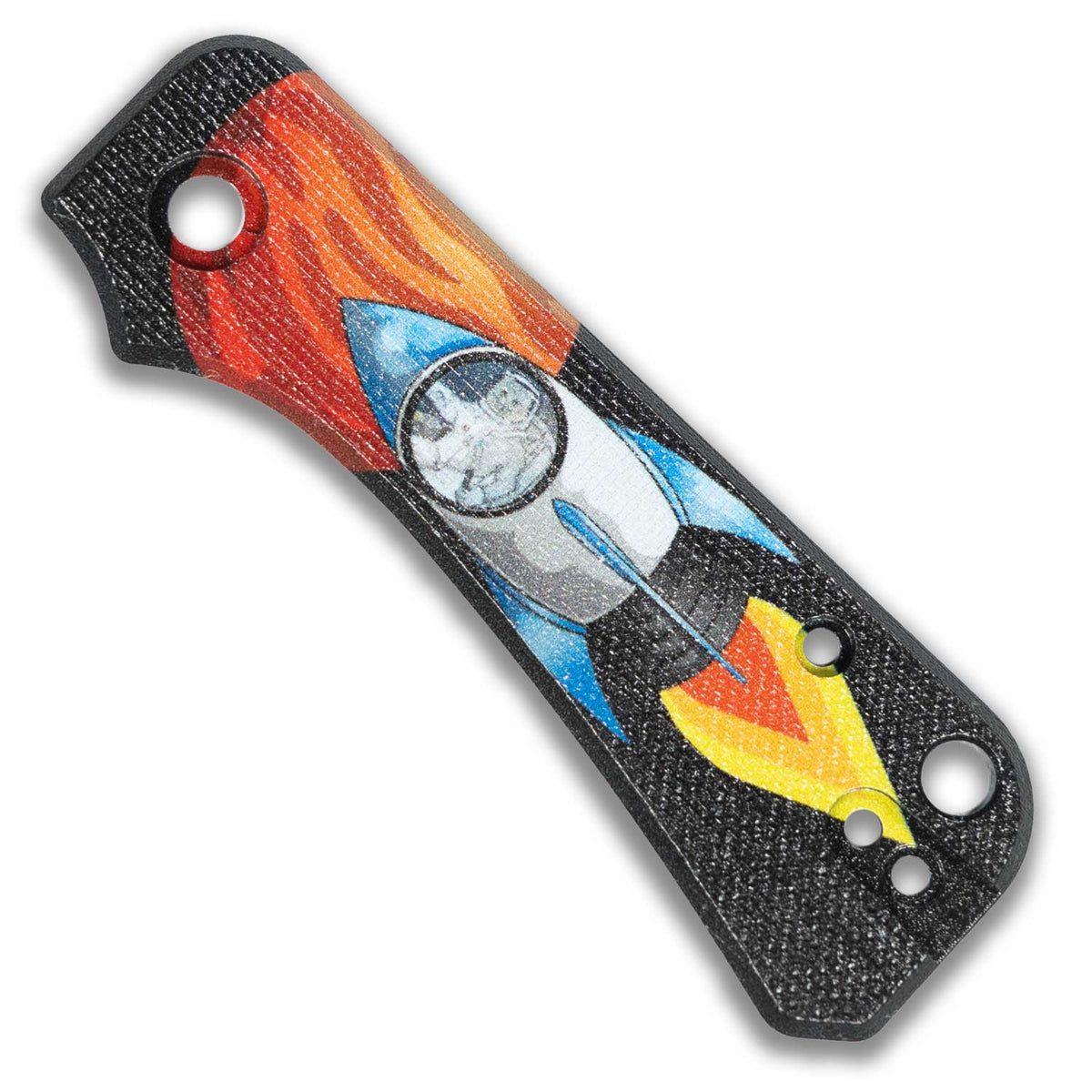 Mars Space Kitty Baby Banter Knife Scales, orange scales featuring a cat astronaut and rocket illustration, front view