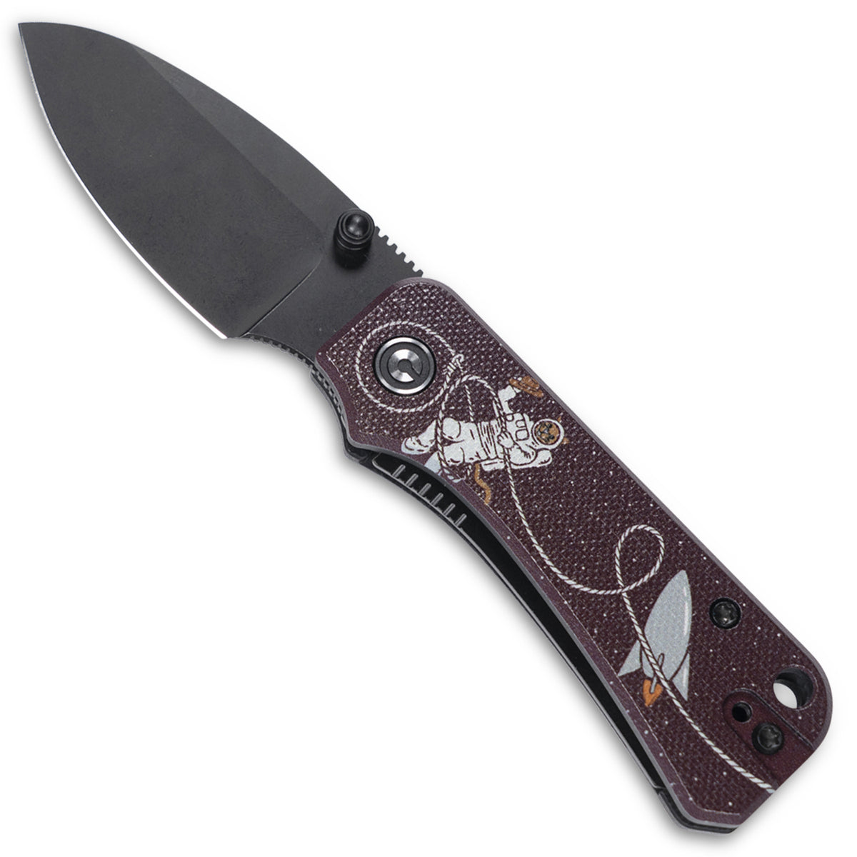 Jupiter Space Kitty Baby Banter Scales installed on an open pocket knife with black blade, front view