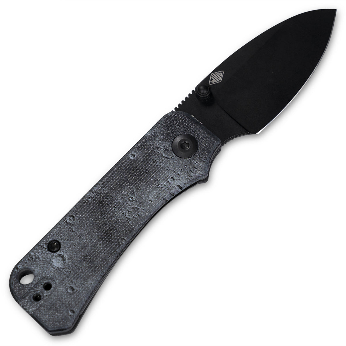 Lunar Surface Baby Banter Scales installed on an open pocket knife with black blade, back view