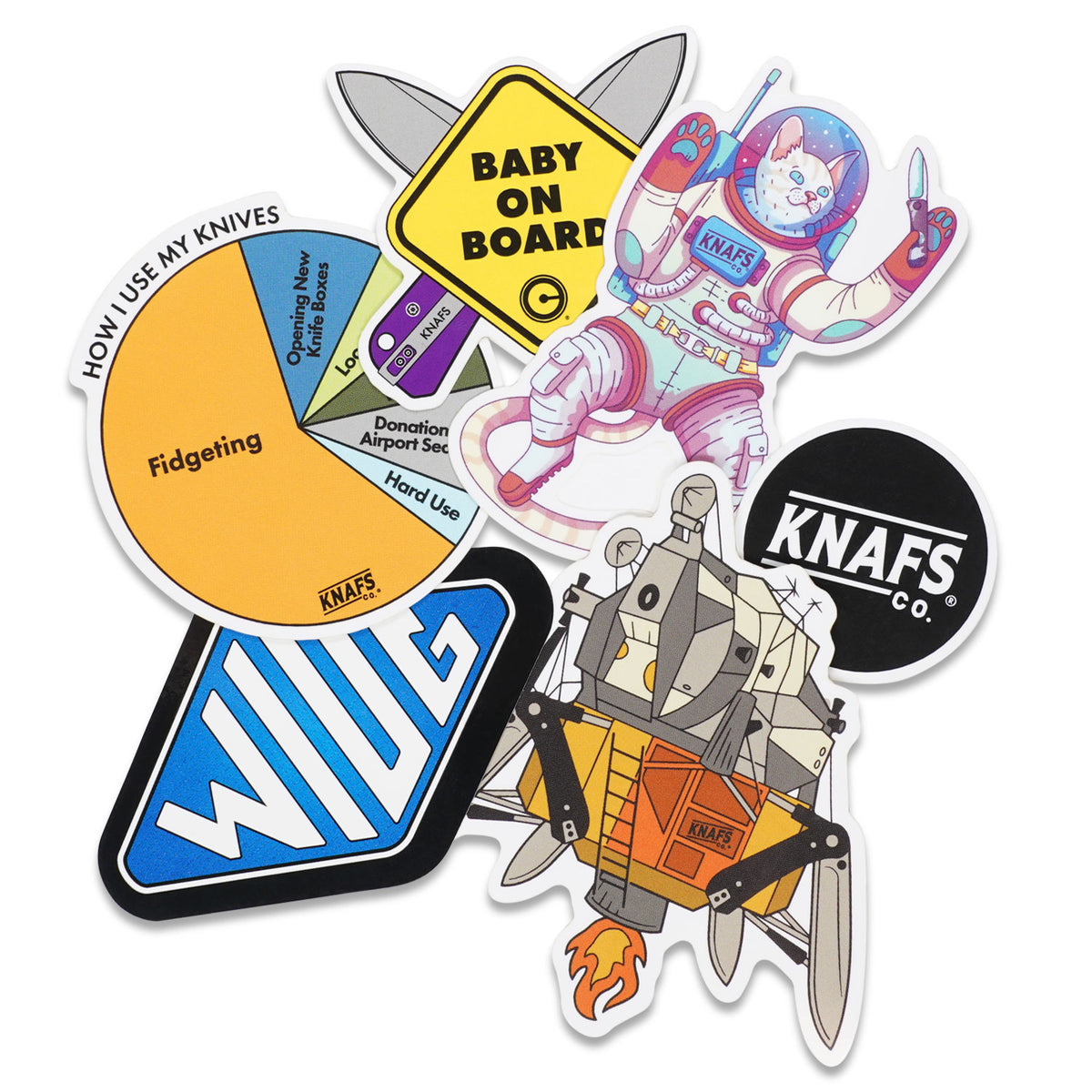 Knafs Sticker Pack - 6 Slaps, a set of six colorful knife-themed stickers laid out