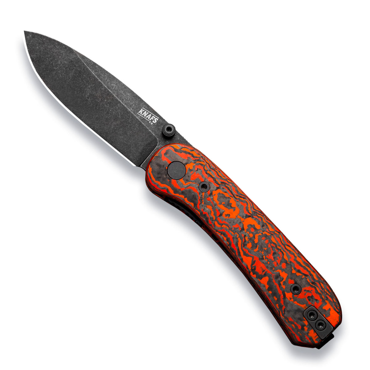 Lander Pocket Knife in Mars Valley Fat Carbon, open, orange and red marbled handle