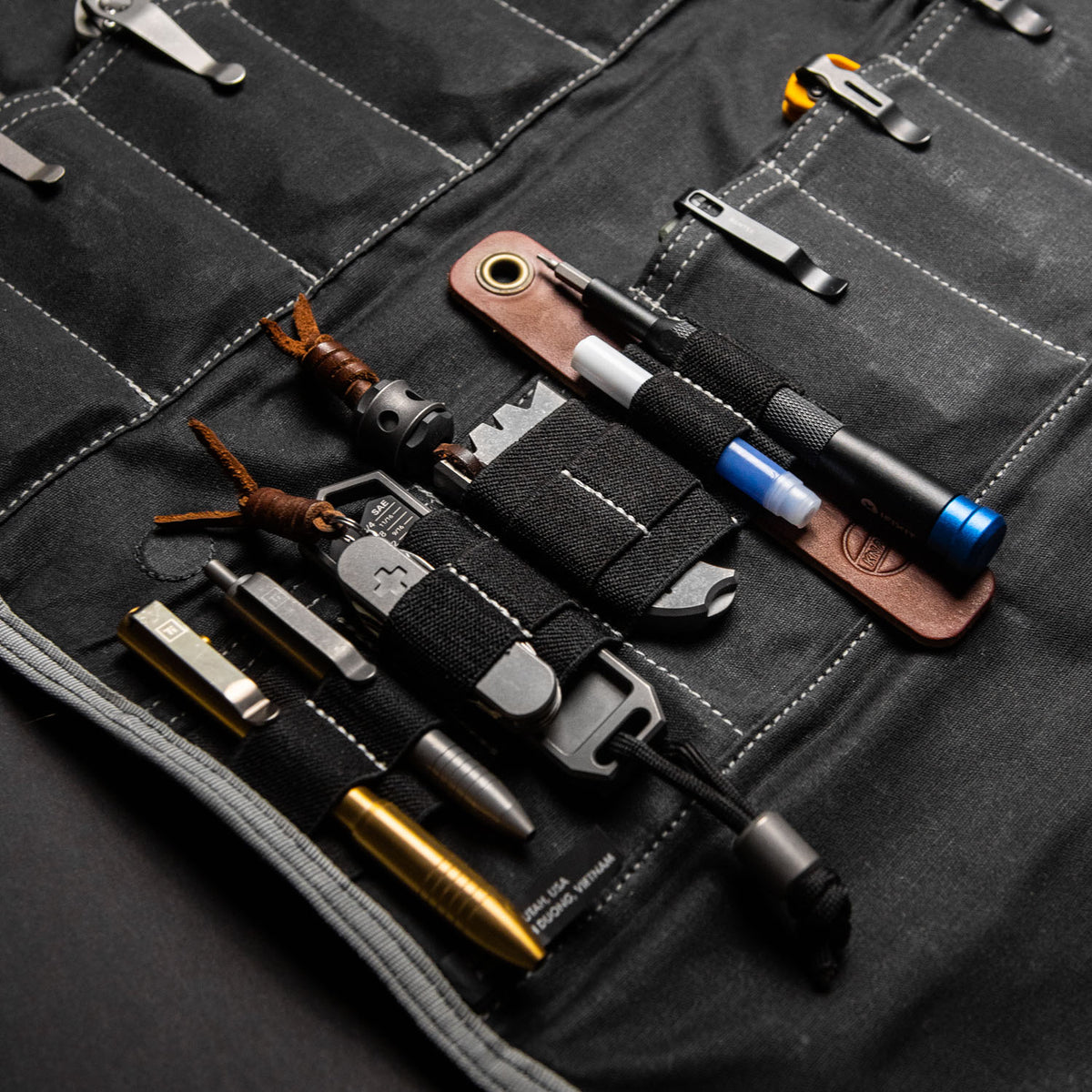 Knife Roll & Knives Storage Case, The Burrito Grande - Upclose layed in table with tools