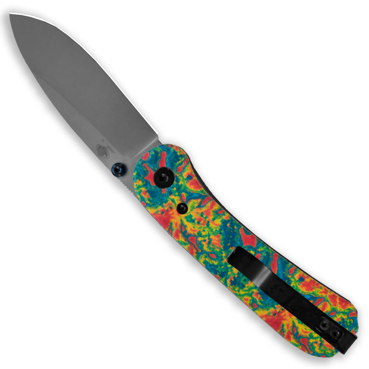 Lander 1 Knife Scales in Heatmap installed on an open knife, alternate angle