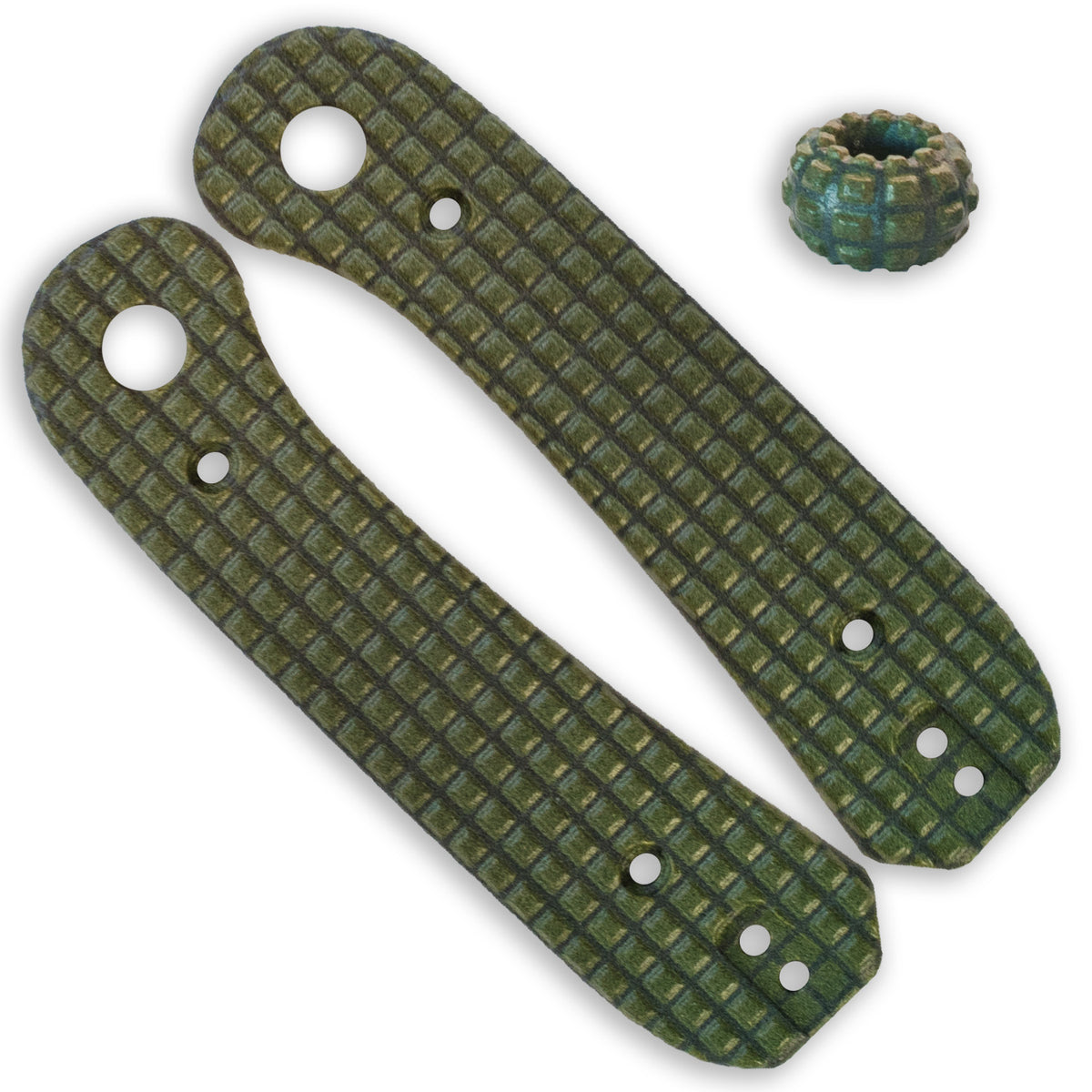 Lander 1 Knife Scales in Frag OD Green scale pair with pivot bead, alternate angle