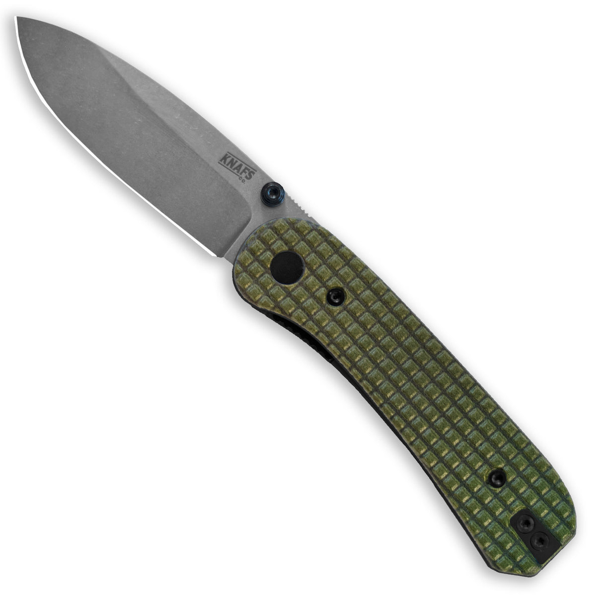 Lander 1 Knife Scales in Frag OD Green installed on an open knife with satin blade, front view