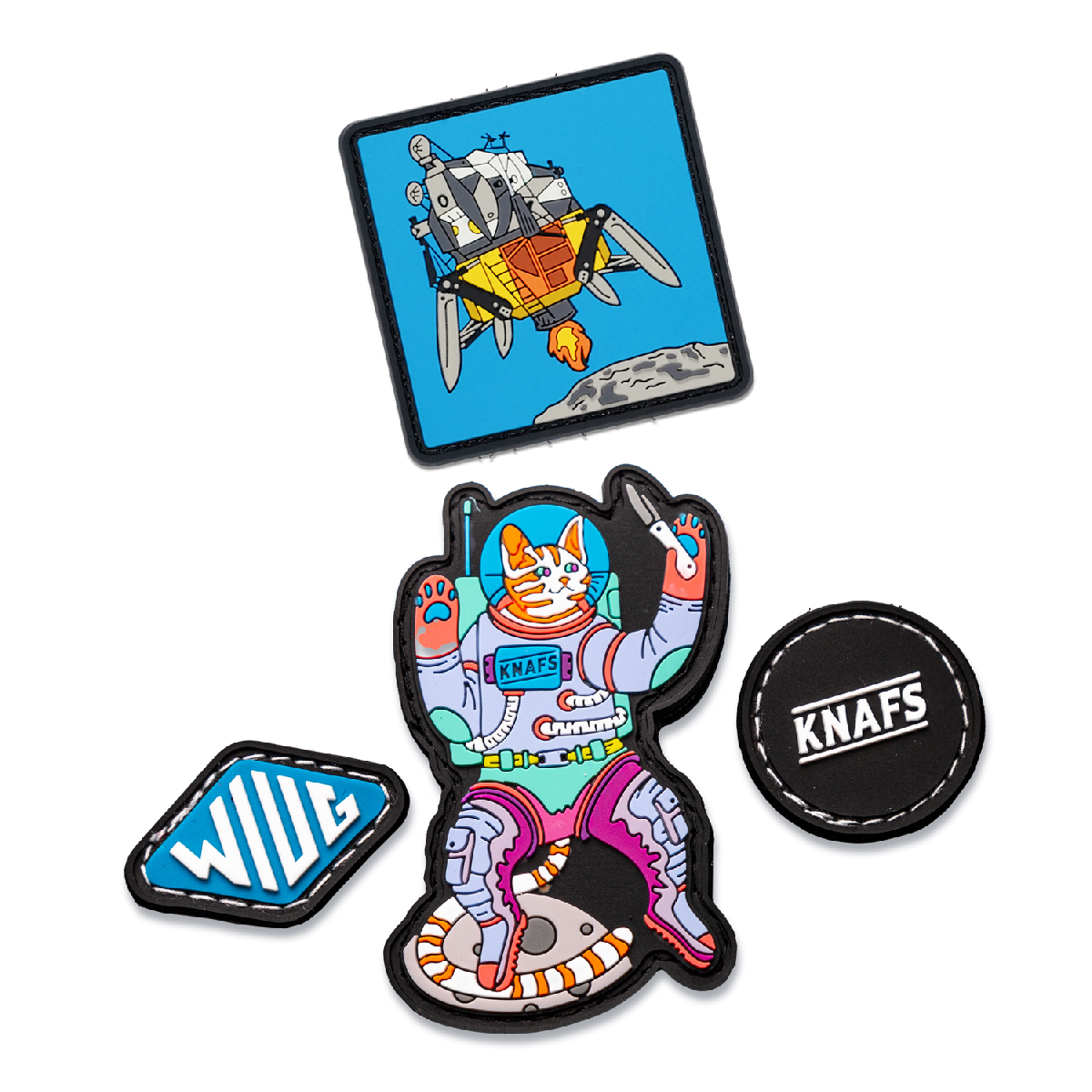Knafs Patch Pack, four patches including a mountain, WIUG diamond logo, space kitty, and circular Knafs logo
