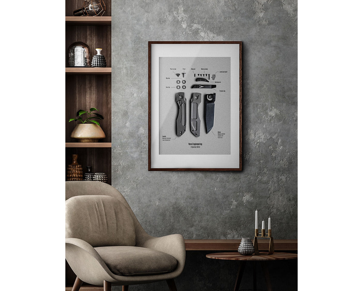 Vero Engineering Knife Poster "Impulse" framed and hanging above a console table in a living room
