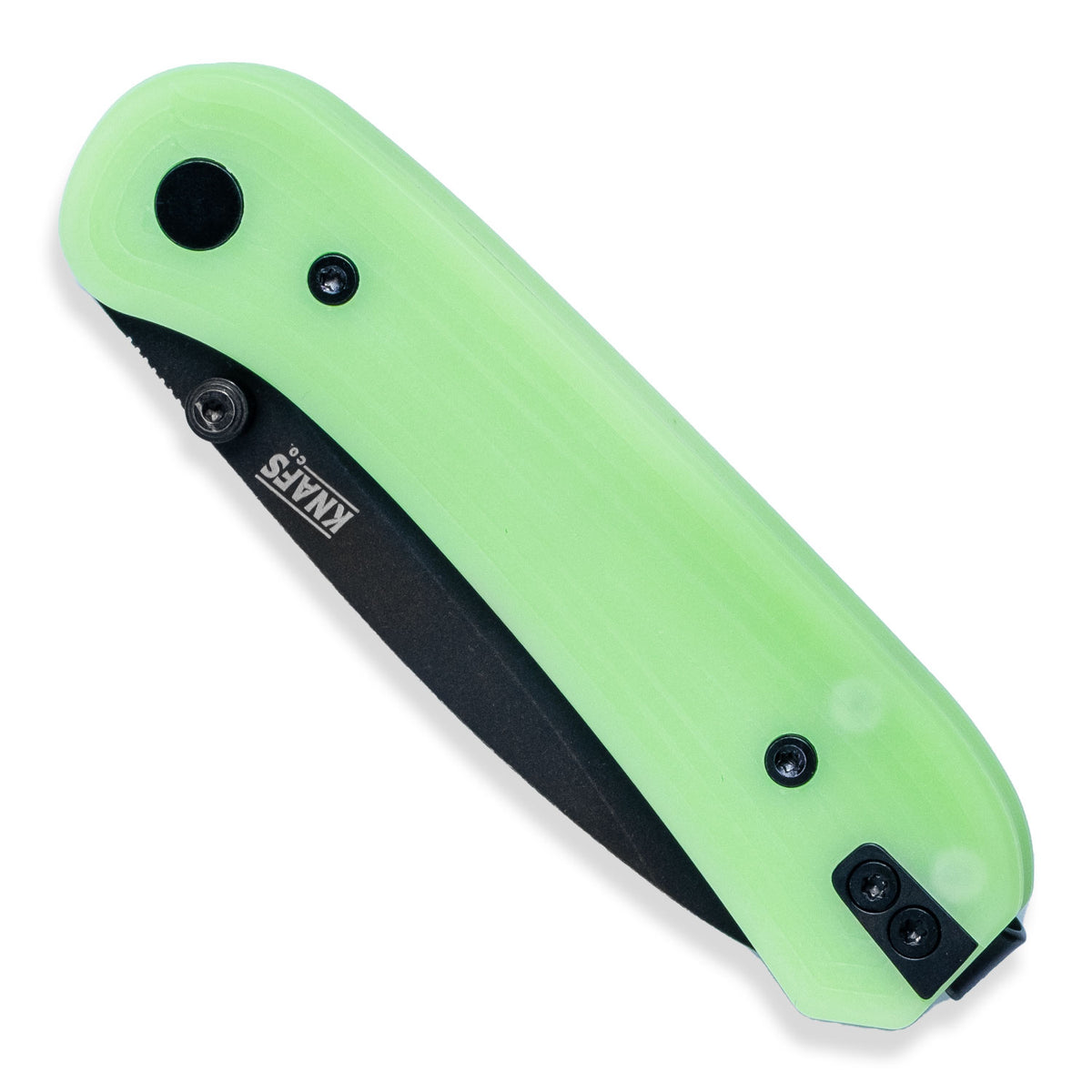 Lander 1 Knife Scales in Kirinite Glow installed on a closed knife, back view