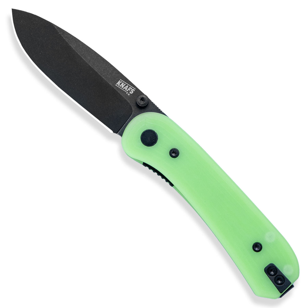 Lander 1 Knife Scales in Kirinite Glow installed on a closed knife, standing upright, front view