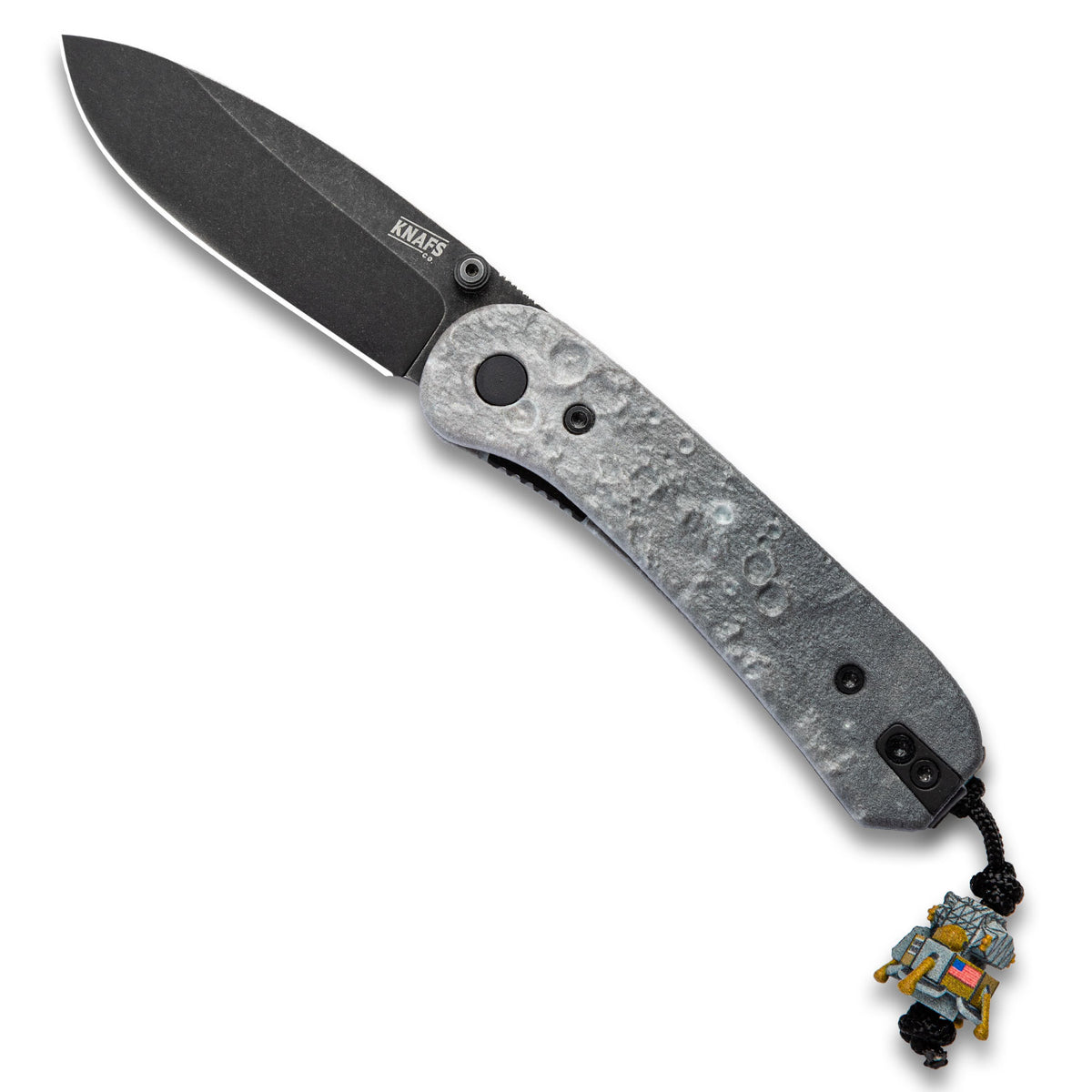 Limited Edition Lunar Lander Knife, open, gray marbled handle, with hang tag attached