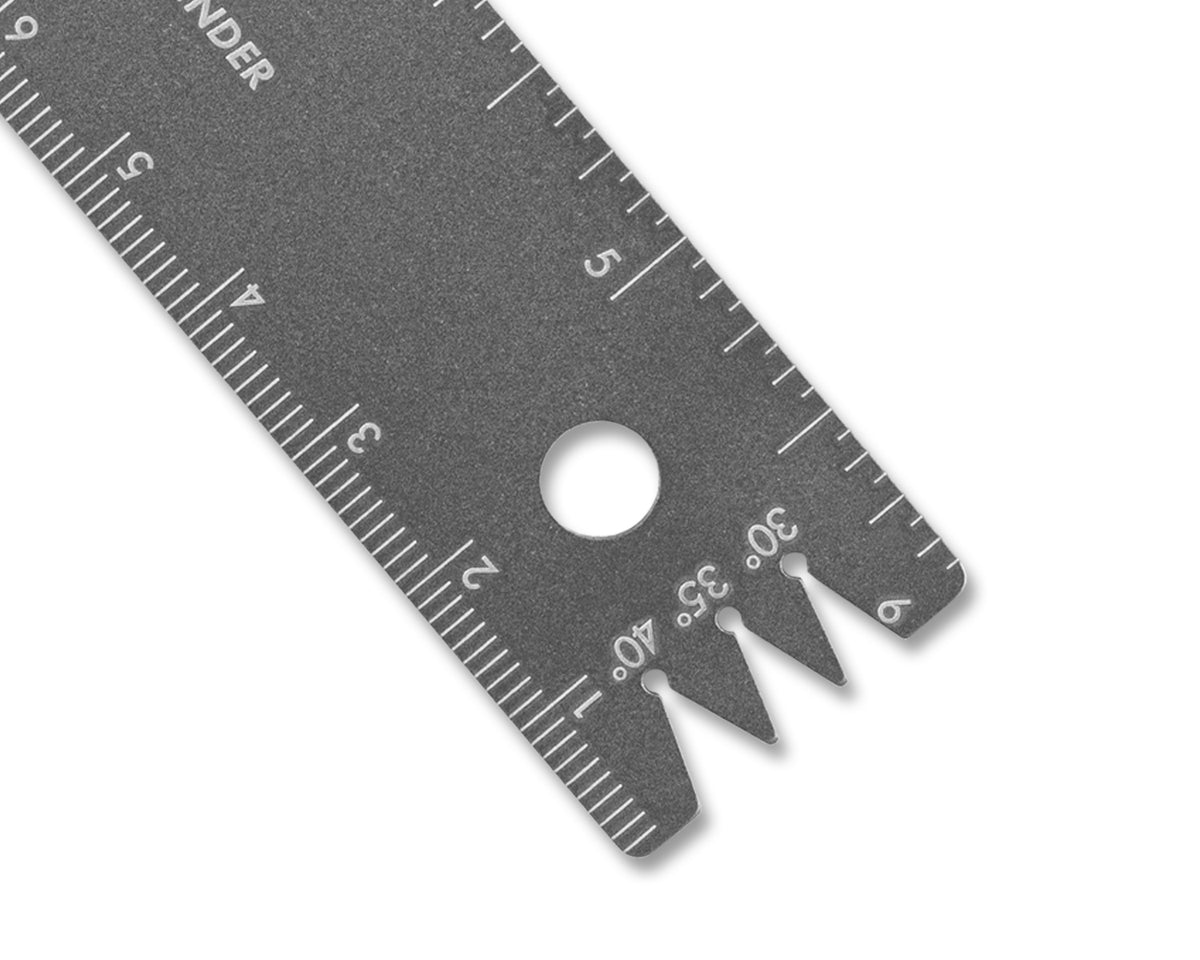 Titanium Ruler + Knife Angle Finder isolated on white, showing the angle-finder cutout at the top